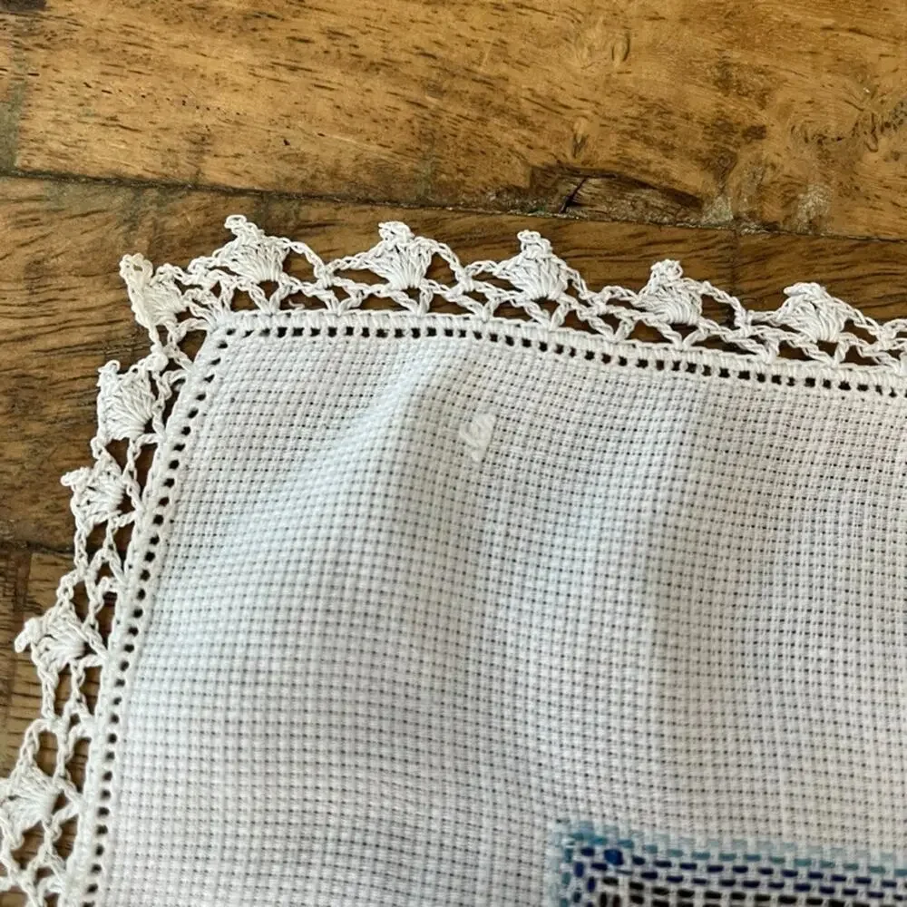 White Cotton Napkin Set (4) Handmade Blue Cross-Stitch Floral Crochet Border